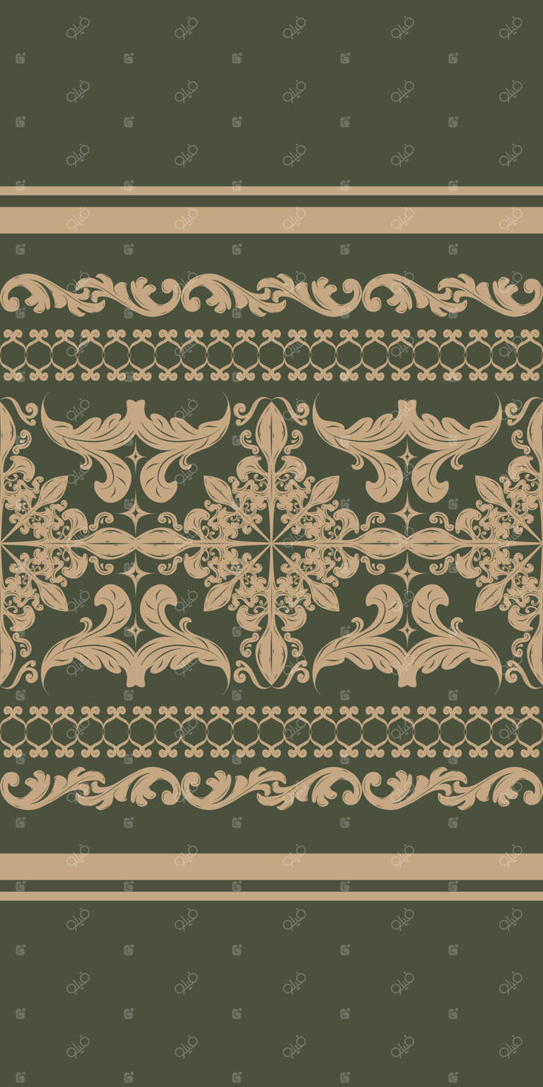 طرح بافت‌های ابریشمی طلایی پیچیده با حاشیه‌های گلدوزی شده بر روی زمینه سبز زیتونی. برگ‌های طلایی و بال‌ها و پرها در باغ به سبک مداوم افسانه‌های روکوکو برای طراحی لوکس. ثروت و غنا