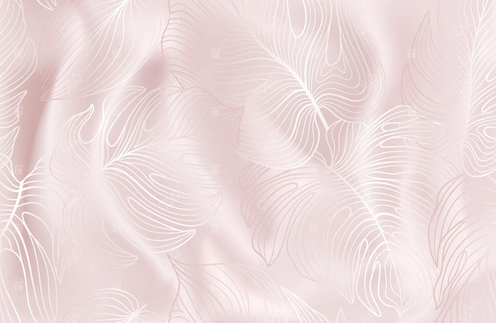 پترن یکپارچه با برگ‌های استوایی روی پس‌زمینه‌ای از بافت واقع‌گرایانه ابریشم صورتی. بافتی از منسوجات با طرح باغ طبیعی و پرگل