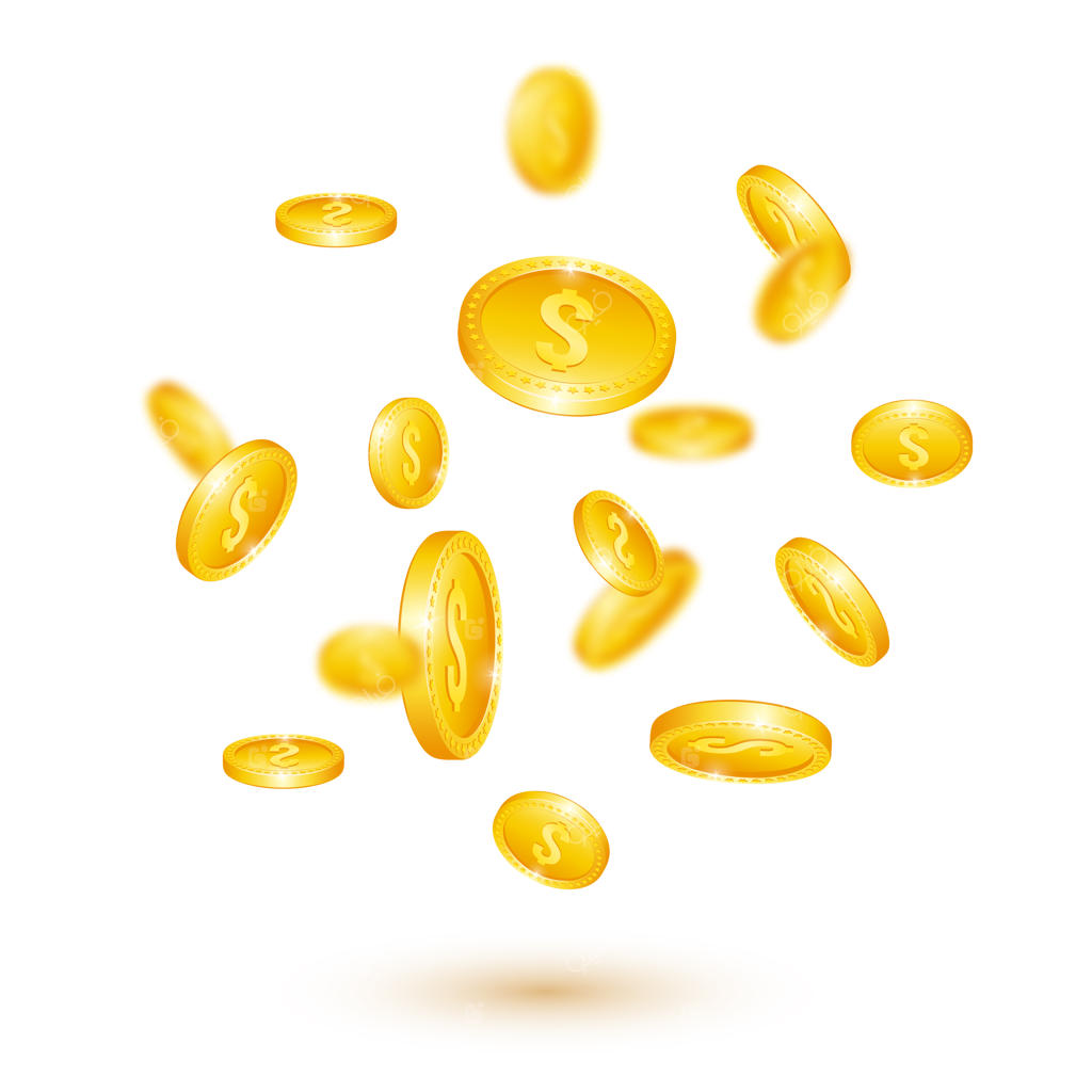 سکه‌های طلای سه‌بعدی در حال سقوط به‌صورت واقعی.
