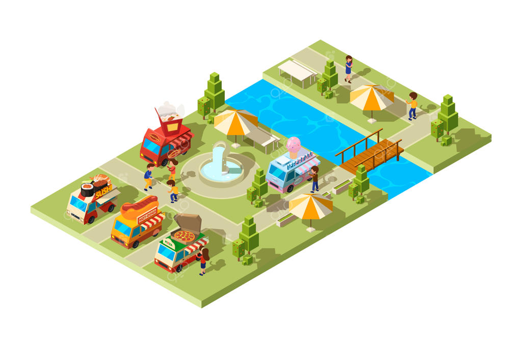 پارک غذای خیابانی: مکانی عمومی با واگن‌ها و ماشین‌های فروش غذا، بستنی، برگر، سوشی و نوشیدنی‌های سرد در طراحی ایزومتریک