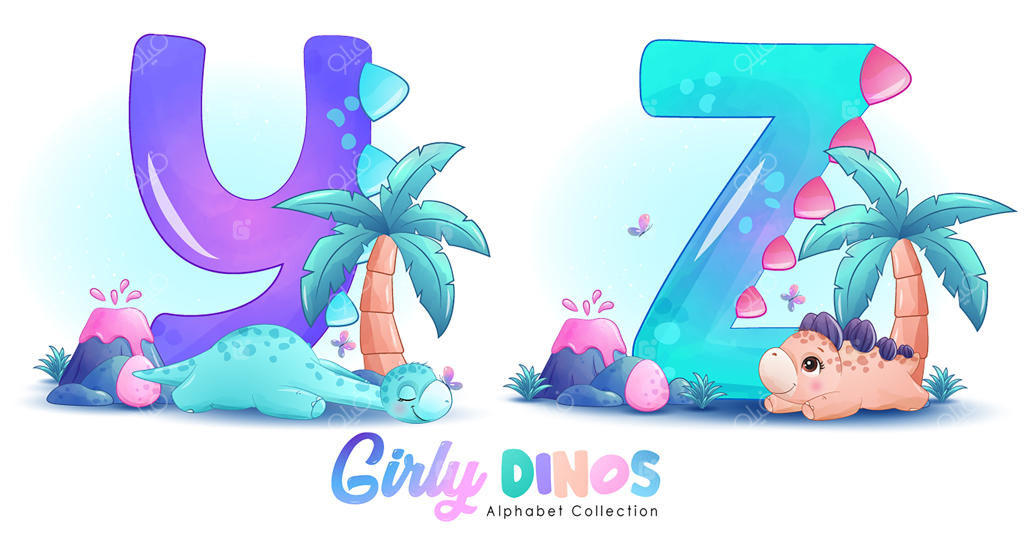 دایناسور کوچولوی دخترانه بامزه با تصویر آبرنگی حروف الفبا