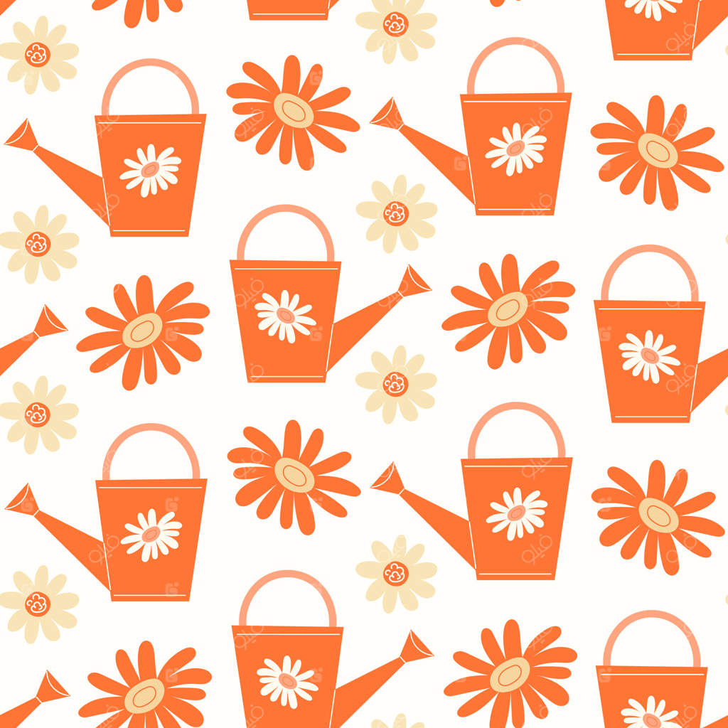 پترن بی‌وقفه با آب‌پاش‌های نارنجی باغ، گل‌های مروارید سفید و ژربراهای نارنجی بر روی زمینه‌ای سفید