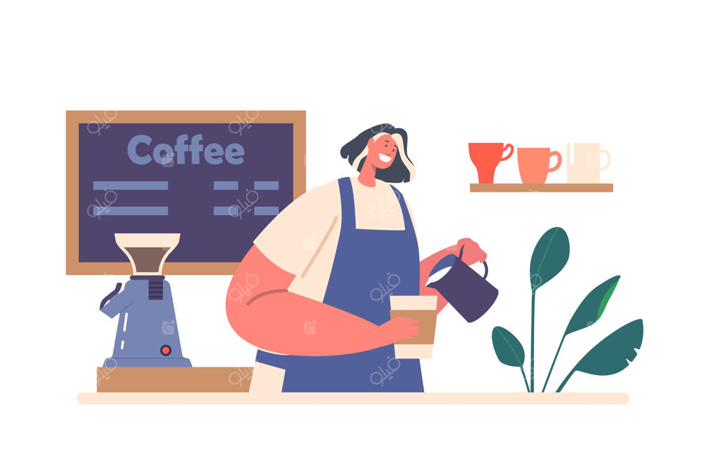 دختر باریستا در حال آماده‌سازی قهوه: ریختن شیر داغ در فنجان توسط کاراکتر زن که پیشبند پوشیده و در کافه کار می‌کند