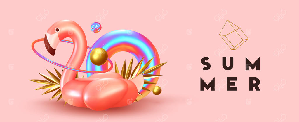 پس‌زمینه انتزاعی تابستانی با طراحی مینیمال: فلامینگوی صورتی سه‌بعدی، حلقه نجات با رنگ گرادینت، توپ‌های طلایی و برگ‌های نخل طلایی. بنر و پوستر مدرن و شیک.