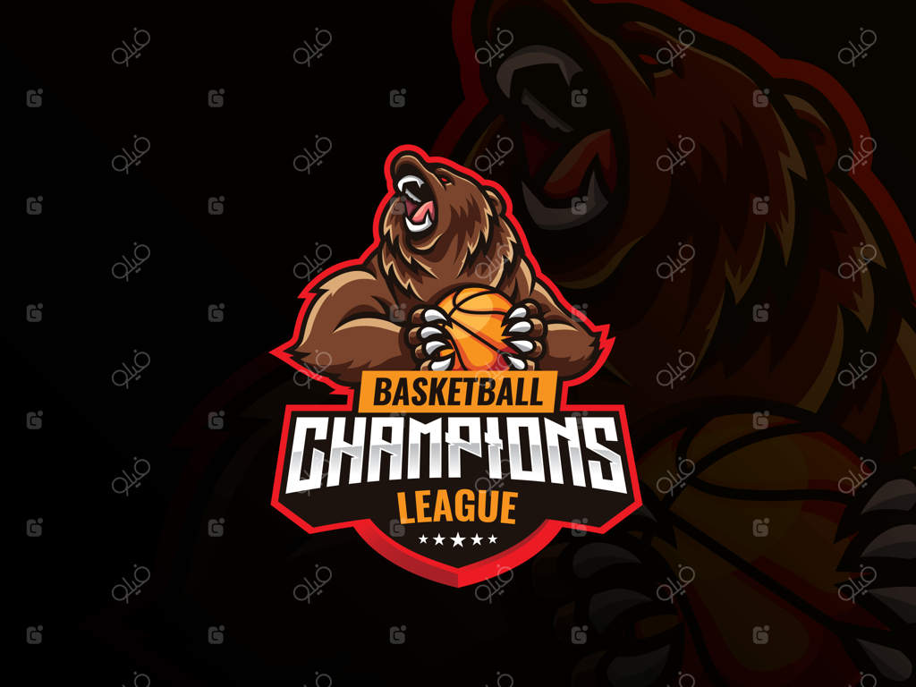 طراحی لوگوی ورزشی با نماد خرس. تصویر برداری لوگوی خرس گریزلی وحشی. نماد خرس خشمگین در حال گرفتن توپ بسکتبال.