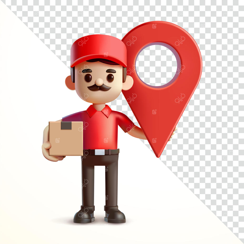 مرد تحویل‌دهنده با نماد موقعیت مکانی، سه‌بعدی. مناسب برای تجارت و عناصر طراحی