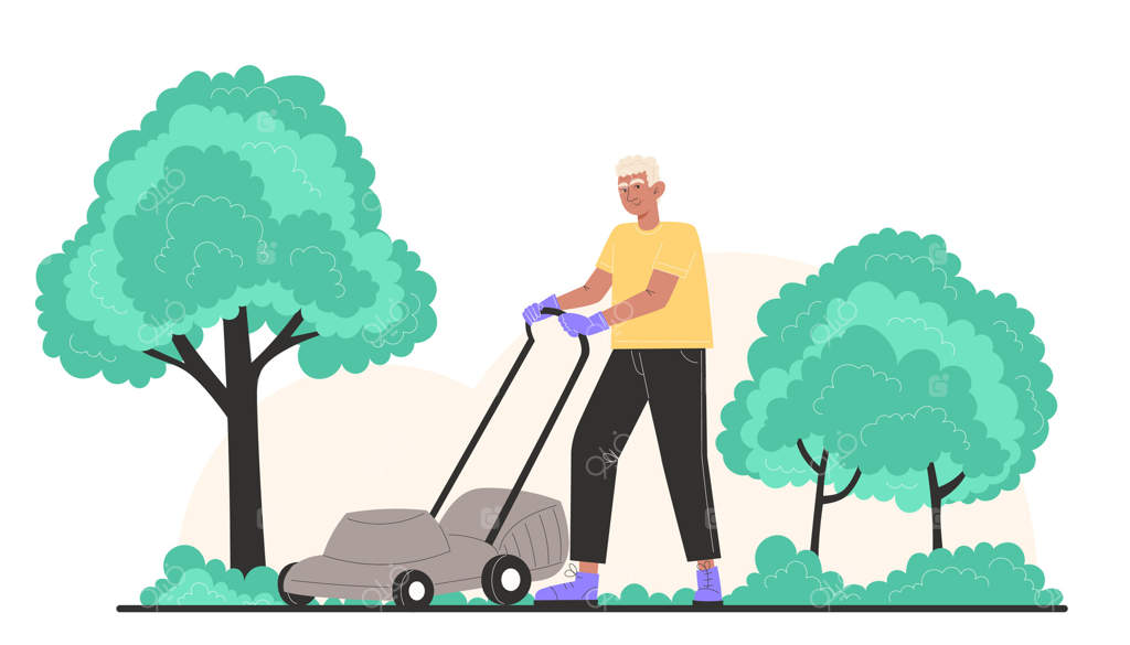 مردی سالمند با ماشین چمن‌زن در باغ چمن‌ها را کوتاه می‌کند