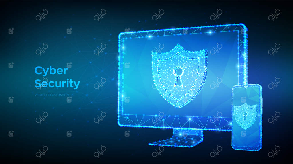 مفهوم امنیت سایبری و حفاظتی: مانیتور کامپیوتر، تلفن هوشمند و سپر با قفل در مدل هندسی انتزاعی.