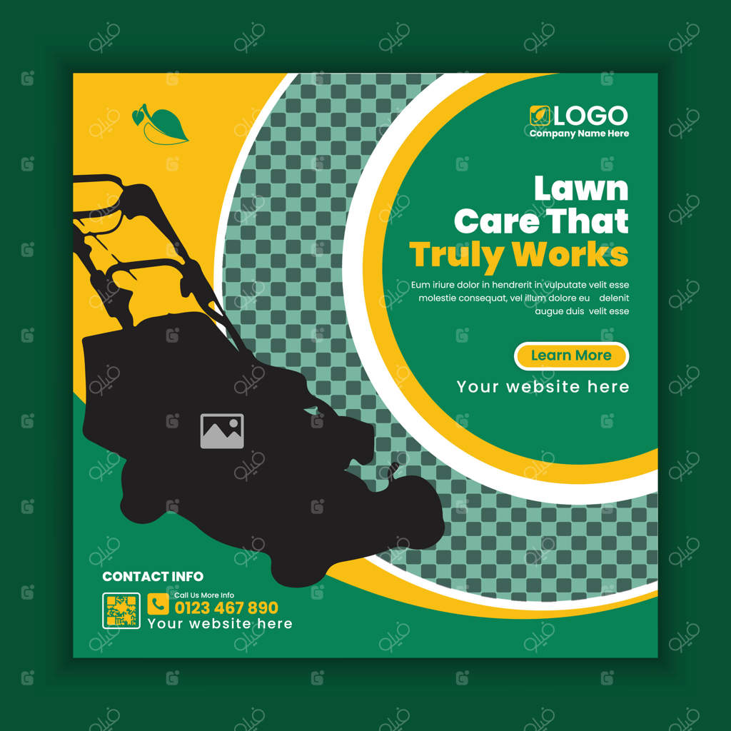 طراحی پست شبکه‌های اجتماعی برای خدمات نگهداری از چمن، باغ و منظر. قالب طراحی فلیردرست برای دستگاه چمن‌زن