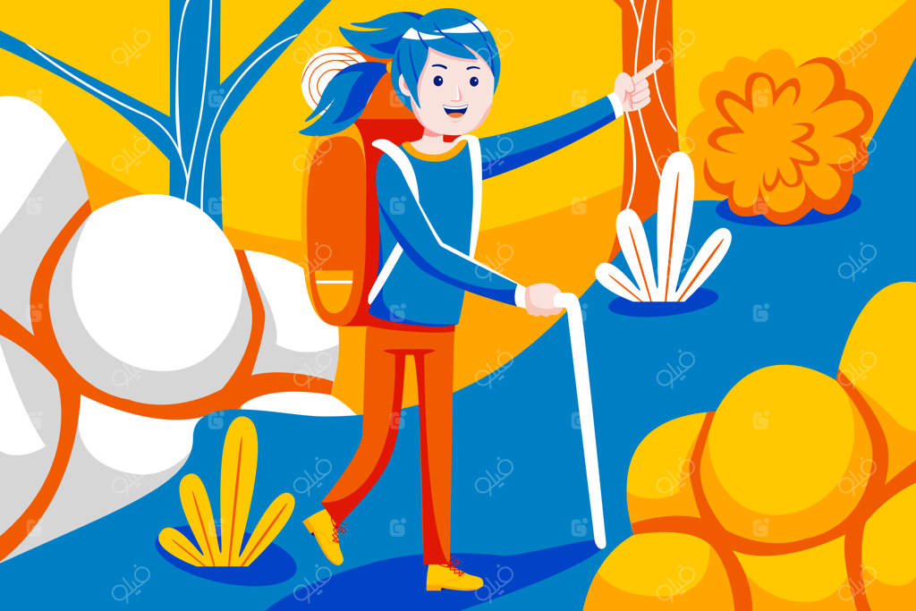 زن خوشحال در حال پیاده‌روی در شیب کوهستان.