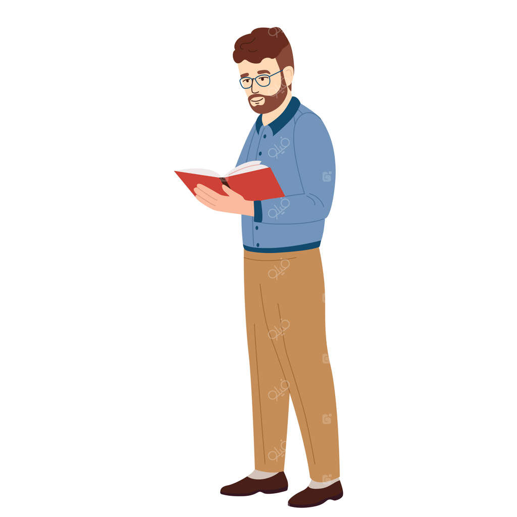 مرد بالغ در حال مطالعه با کتاب استاد در حال نگه‌داشتن کتاب درسی خواننده ایستاده با رمان وکتور