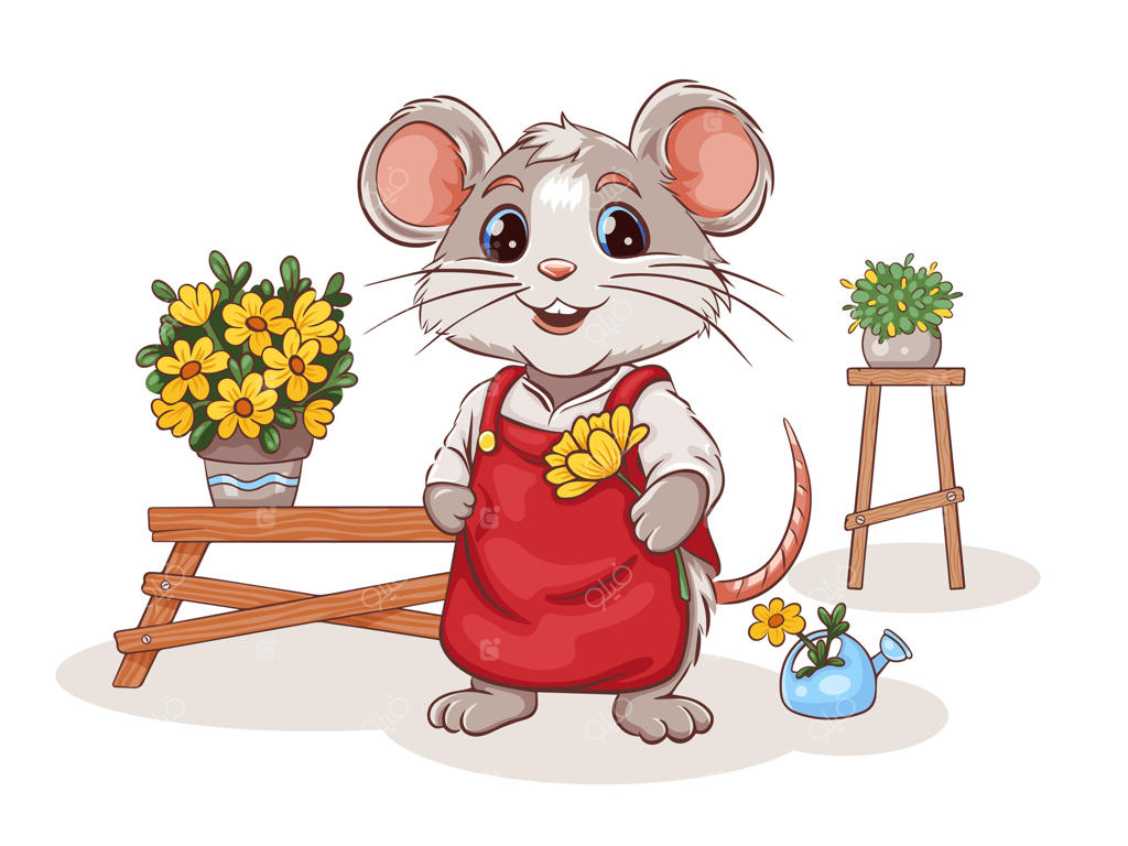 موش باغبان جذاب با پیش‌بند و گل در دست. سبک کارتونی روی زمینه سفید. نماد. شخصیت کودکانه. تصویرسازی.