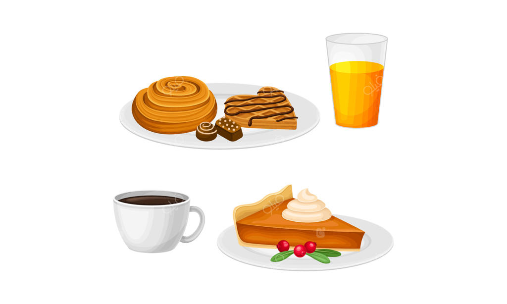 مجموعه محصولات خانگی پخته شده: رول نون، کوکی، پای کدو تنبل، لیوان آبمیوه و فنجان قهوه با طرحی کارتونی