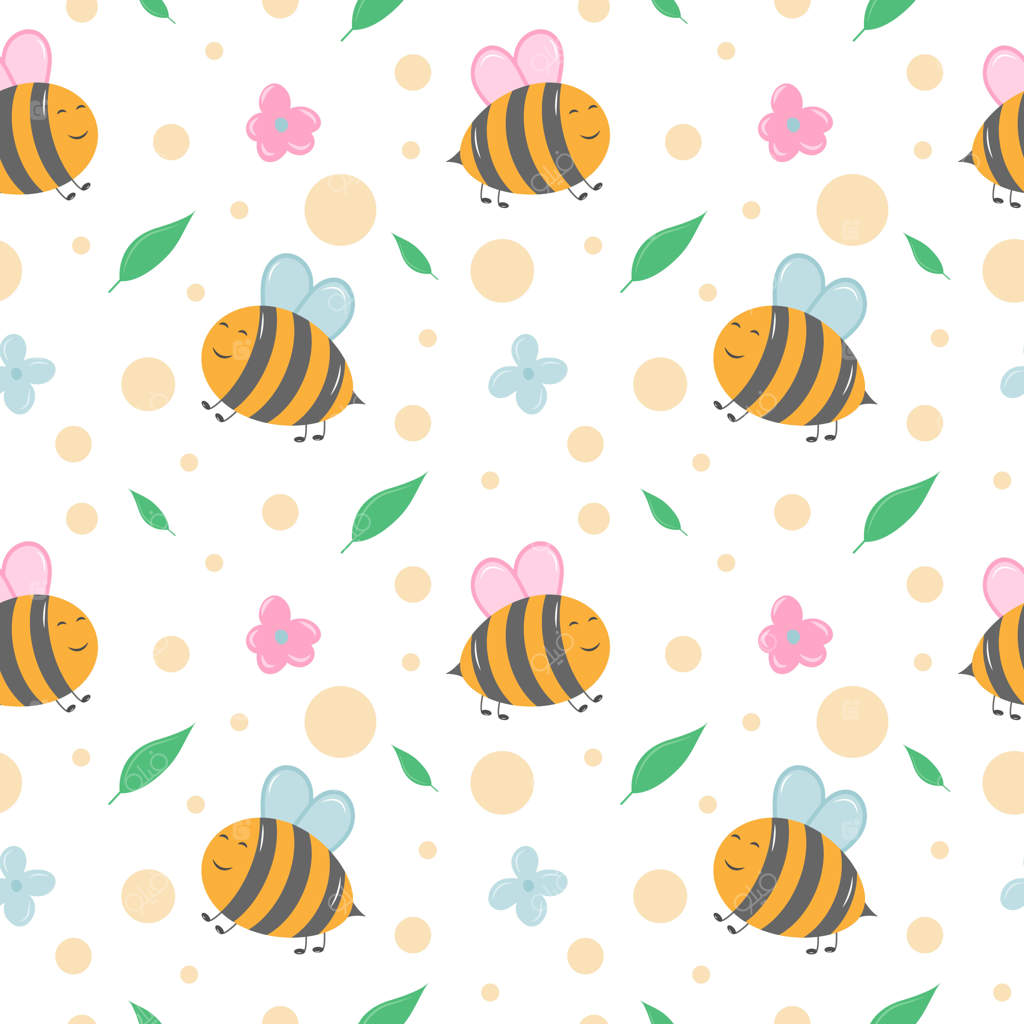 پترن یکپارچه بهاری با زنبورهای بامزه، گل‌ها و برگ‌ها به سبک کارتونی. تصویر وکتور بر روی زمینه سفید.