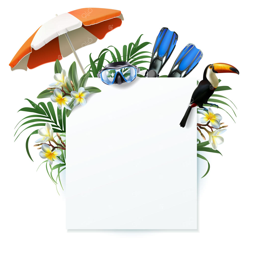 تصویر بنر وکتور با فضای خالی مربع، گیاهان گرمسیری با چتر و ماسک غواصی