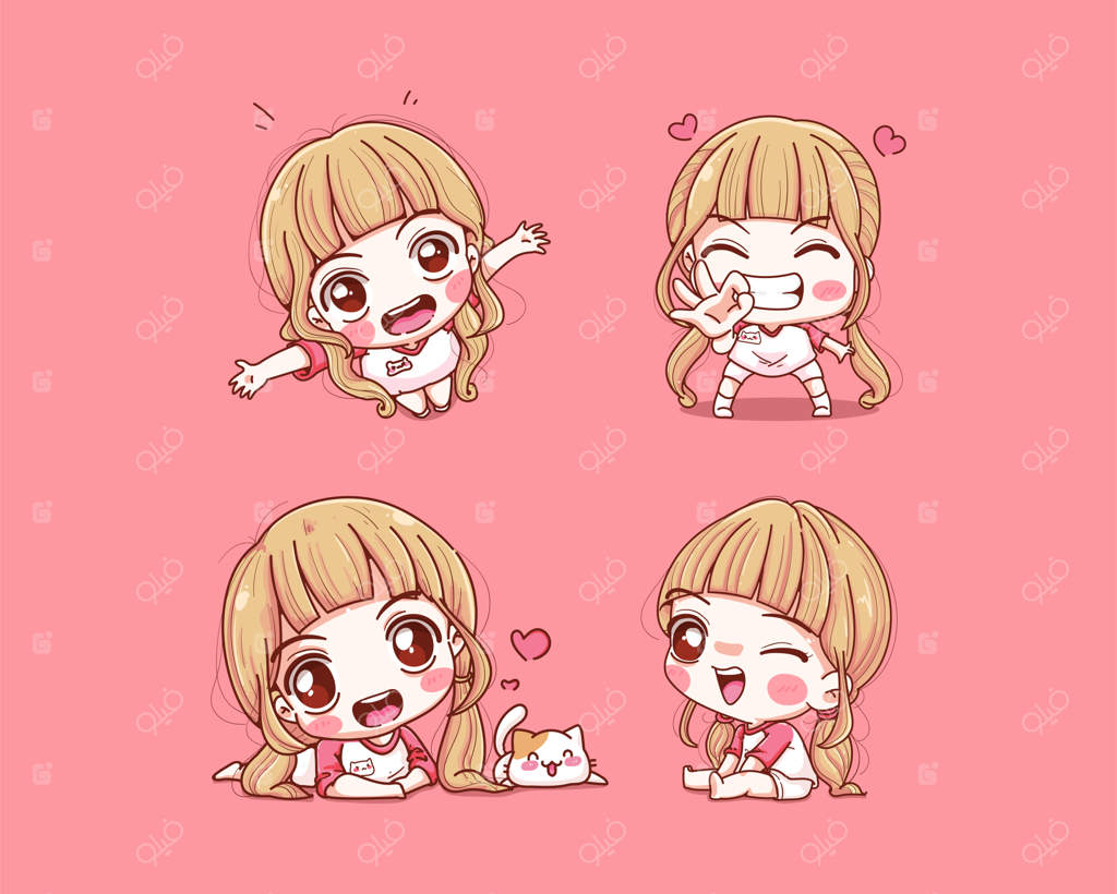 مجموعه‌ای از دختران بامزه با چهره‌های خندان در زمینه صورتی