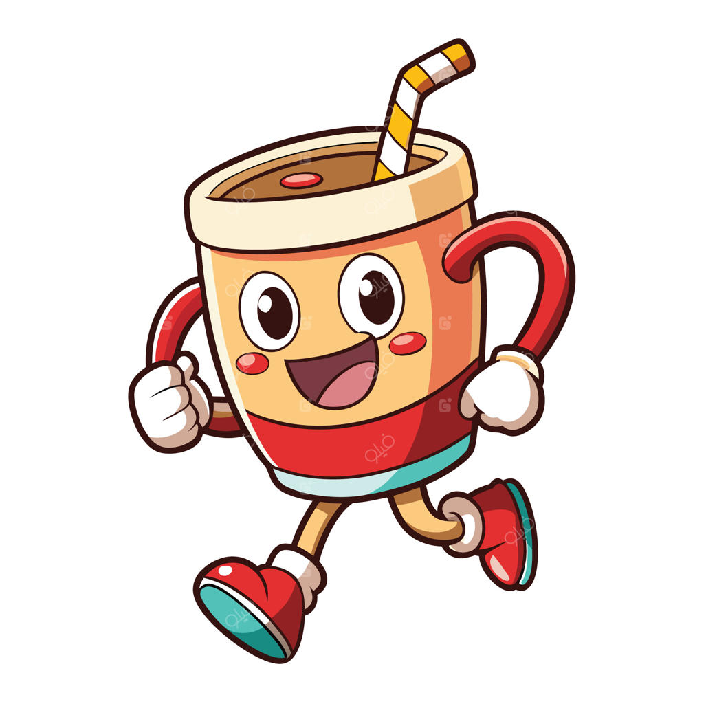 شخصیت کارتونی یک فنجان قهوه در حال دویدن با نی