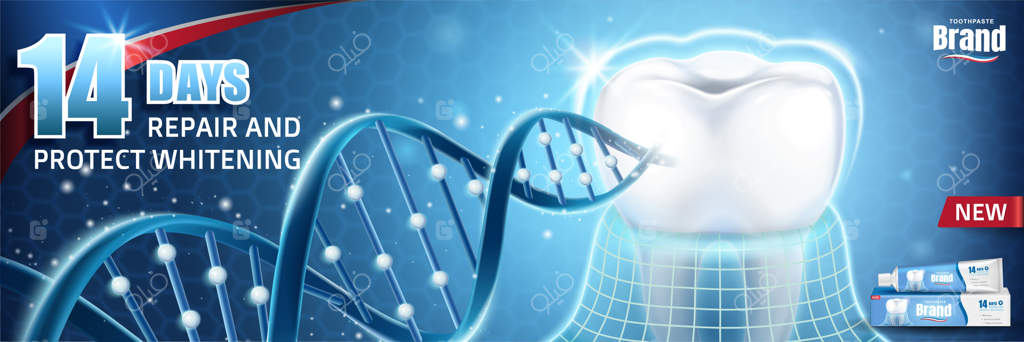 تبلیغات خمیردندان مراقبت دهان با فرمول مارپیچی که از دندان‌ها و لثه‌های بزرگ روی زمینه‌ی شش‌ضلعی آبی درخشان در طرح سه‌بعدی محافظت می‌کند
