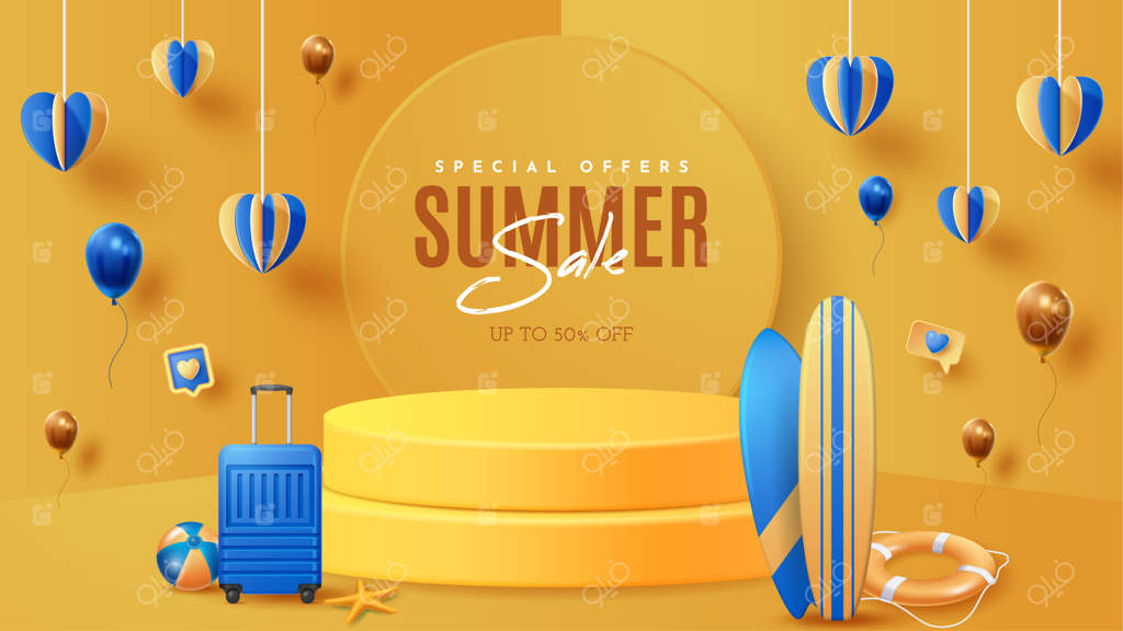 پیش‌زمینه تزئینات نمایش تابستانی با طراحی سه‌بعدی وکتور: تزئینات ساحلی