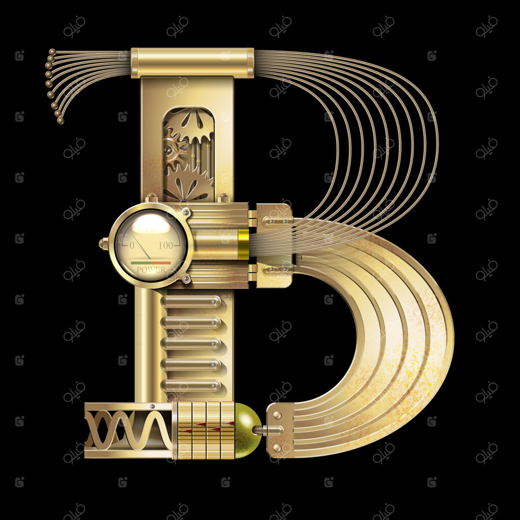 حروف مکانیکی: طرح گرافیکی وکتور حرف بزرگ B با چرخ‌دنده‌ها و عناصر فلزی