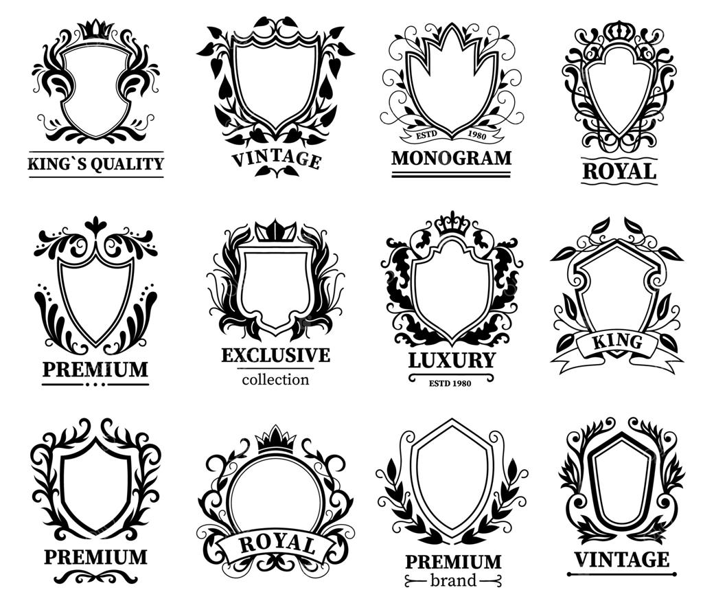 سپرهای تزئینی سلطنتی. قاب‌های مشکی نشان‌های نظامی برای نمادهای امنیتی، طرح‌های قدیمی نشان‌های قرون وسطایی با فضای متن. مجموعه