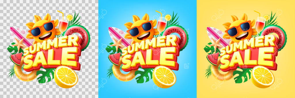 قالب پوستر یا بنر فروش تابستانی با خورشید شاد و عینک آفتابی و برگ نخل گرمسیری