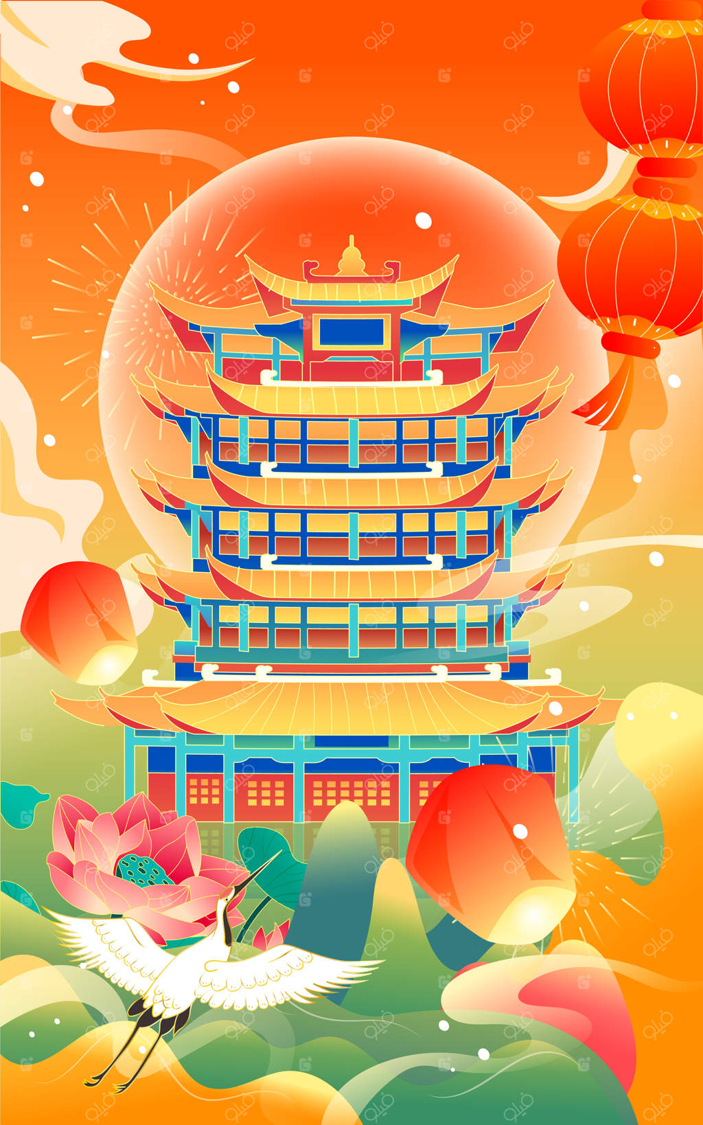 ساختمان نمادین به سبک چینی برای جشن گرفتن جشنواره نیمه پاییز و روز ملی