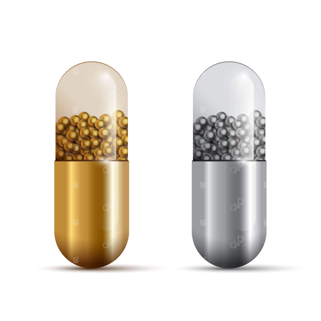 کپسول‌های طلایی و نقره‌ای حاوی داروهای جدا شده از هم