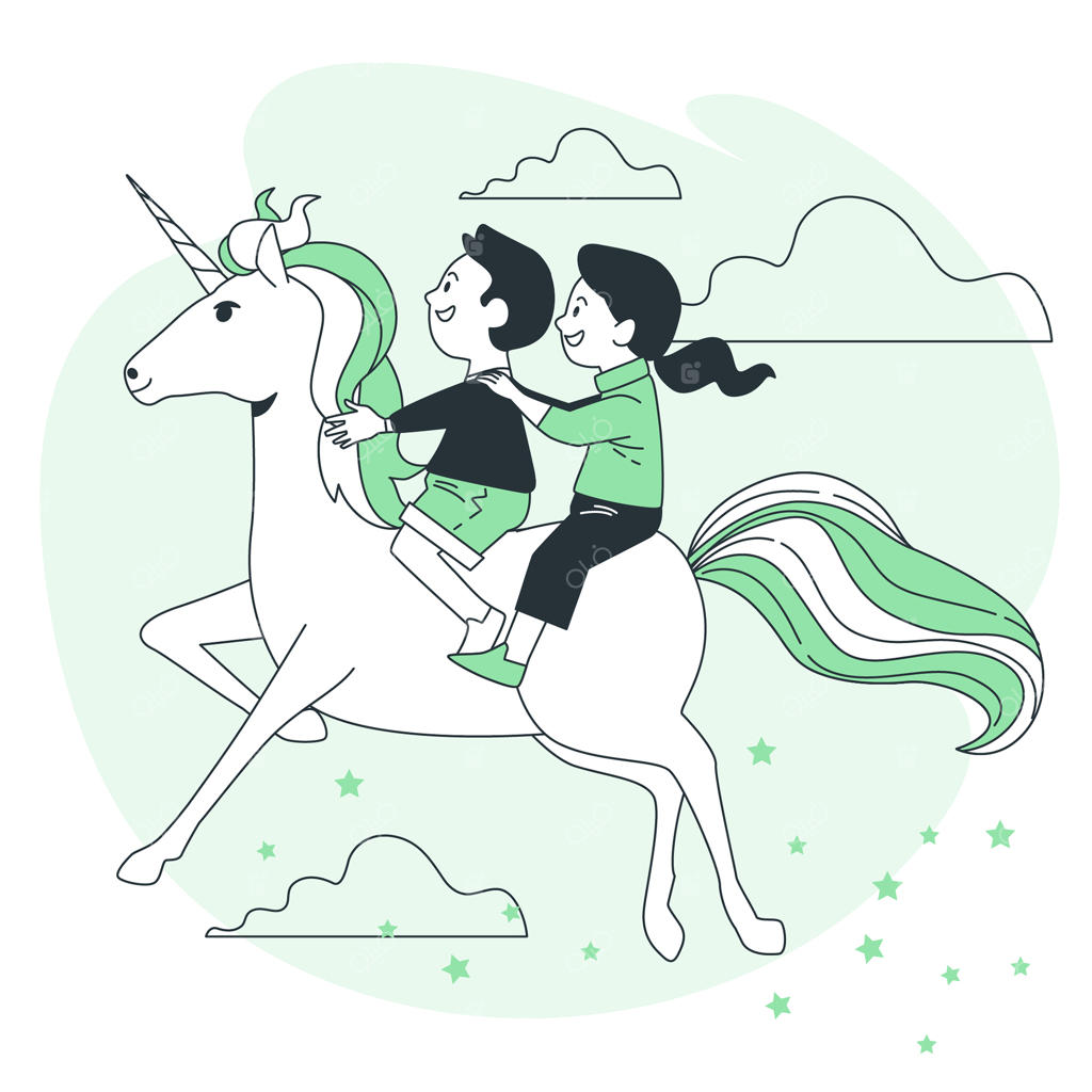 تصویر مفهومی کودکی که سوار بر اسب تک‌شاخ است