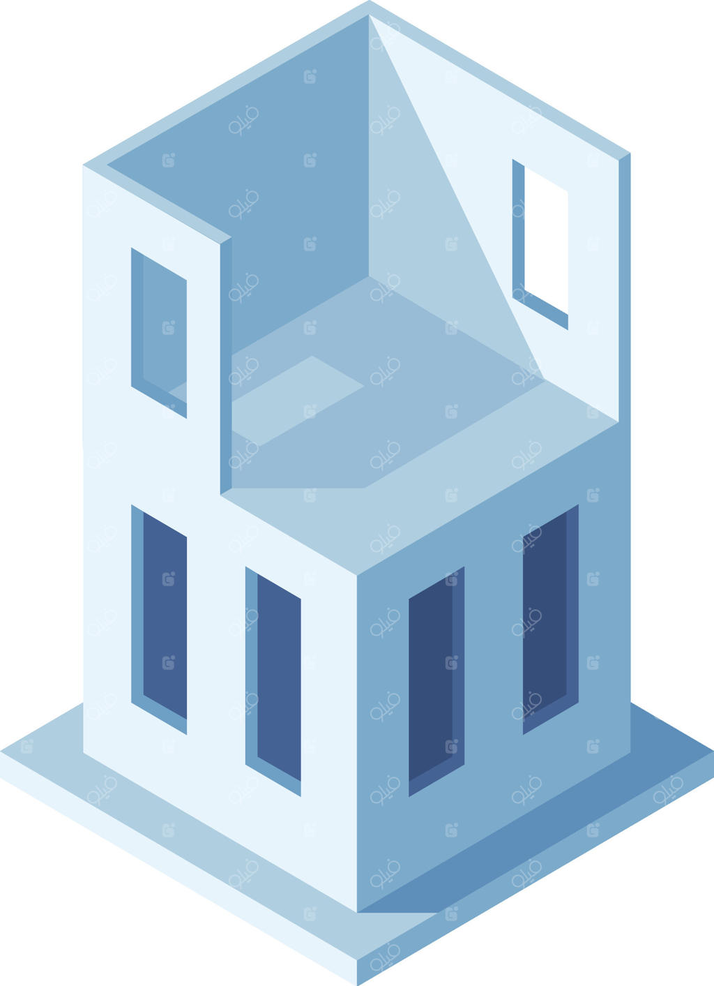 ساختمان مدرن در حال ساخت با پنجره‌های ایزومتریک نمایانگر پیشرفت. مهندسان و پیمانکاران در محل کار، در حال خلق یک اثر شاخص شهری جدید هستند.