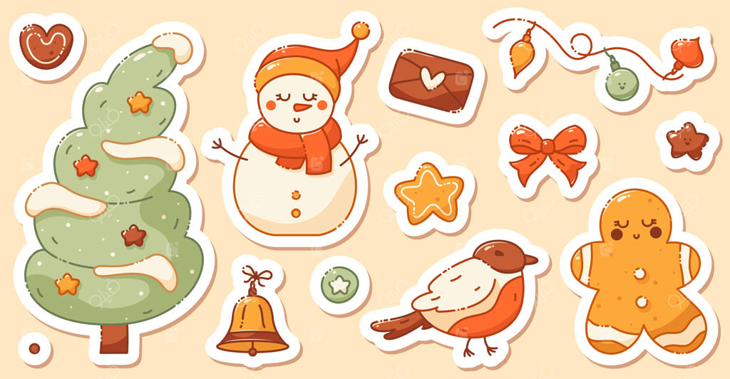 مجموعه‌ای از برچسب‌ها با تم کریسمس: آدم‌برفی زیبا، درخت کریسمس، پرنده، ستاره، شیرینی، زنگوله، پاکت نامه با قلب.