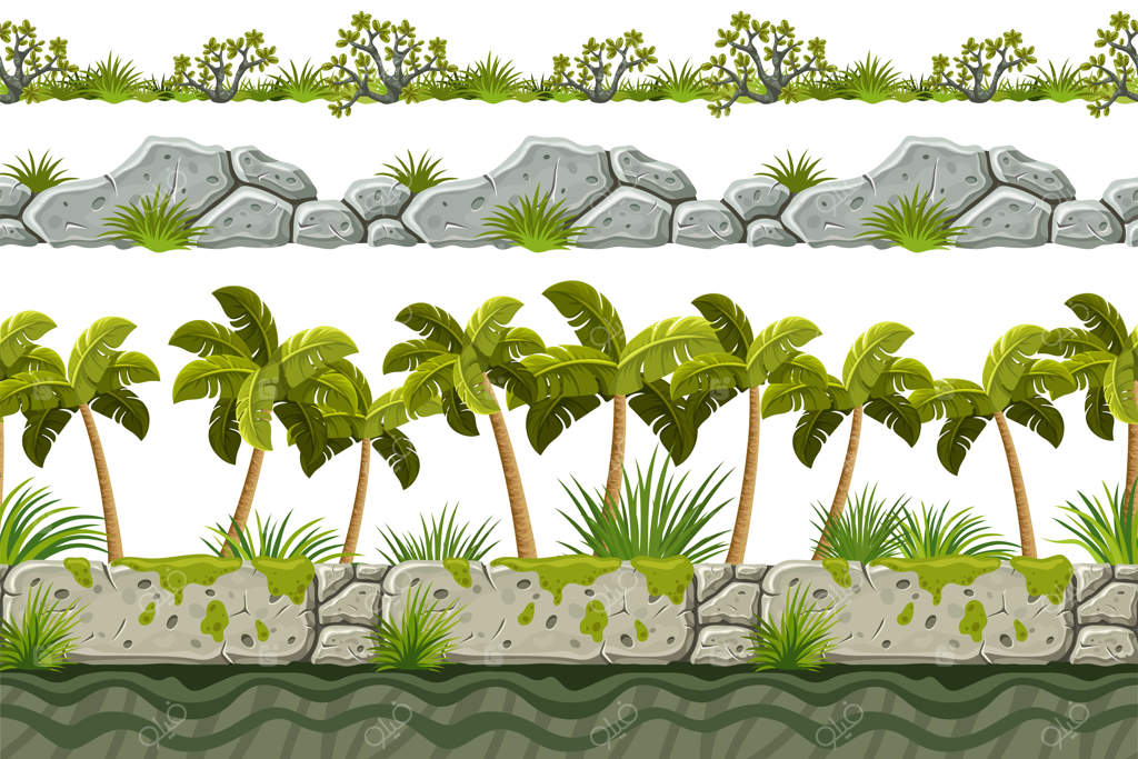 مجموعه‌ای از مرزهای یکپارچه سنگ‌فرش‌های قدیمی با درختان نخل و چمن سبز
