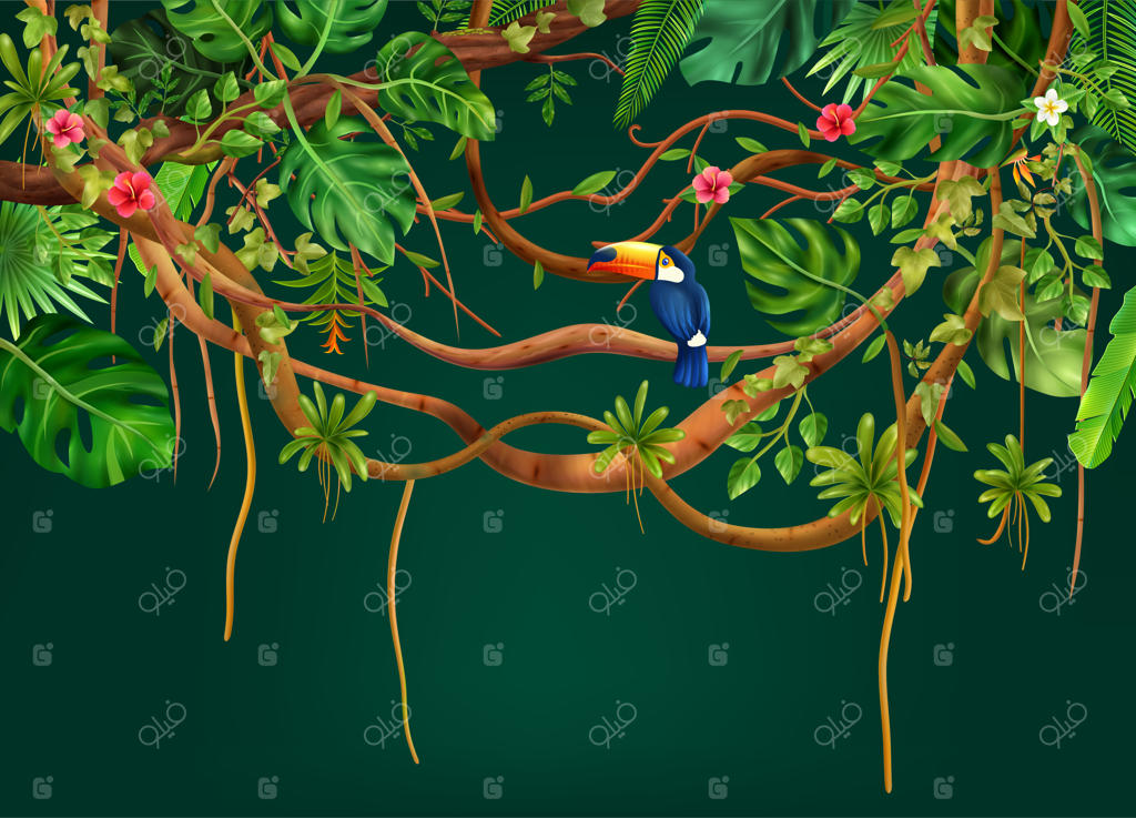 ترکیب جنگلی واقعی با شاخه‌های درختان عجیب و گل‌ها و پرنده‌ها