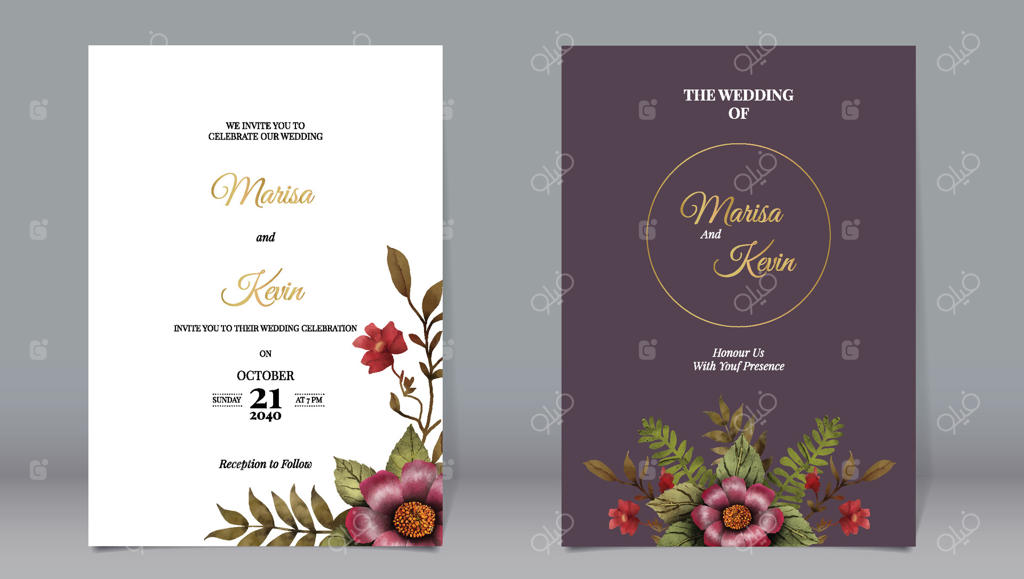 کارت دعوت عروسی با گل‌ها و برگ‌های زیبا در سبک آبرنگی باغ گیاه‌شناسی کلاسیک روی زمینه قهوه‌ای