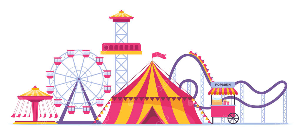 ترکیب پارک تفریحی با مناظر بیرونی و چشم‌انداز سیرک، ترن هوایی و چرخ و فلک. تصویرسازی.