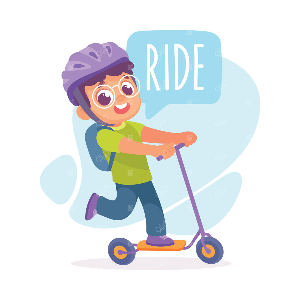 تصویرسازی پسربچه در حال اسکوترسواری برای آموزش فعل و واژگان