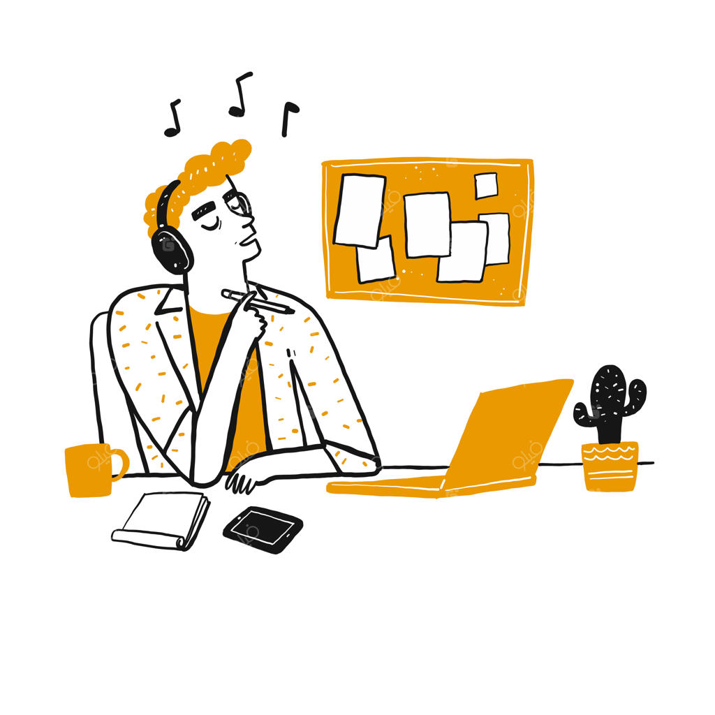 جوانی در حال تفکر و گوش دادن به آهنگ مورد علاقه‌اش با هدفون