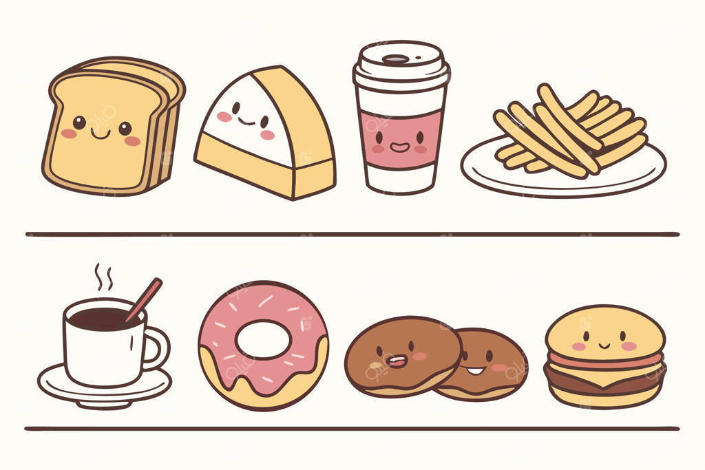 تصویرسازی غذای بامزه کاوایی: نان تست، کیک، قهوه، سیب‌زمینی سرخ‌کرده، دونات و برگر در فضایی شاد