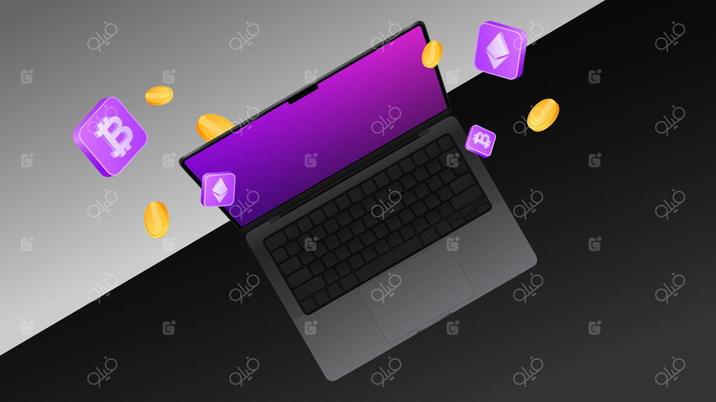 تصویر سازی وکتور نمای بالای لپ‌تاپ با موضوع ارز دیجیتال
