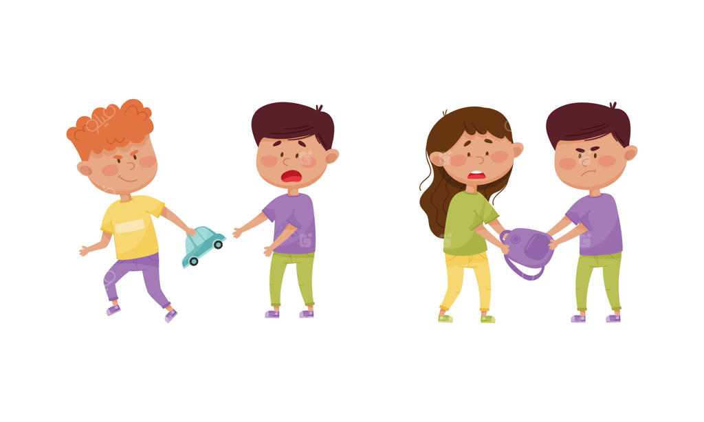 پسر جنگجو با رفتار توهین‌آمیز در حال توهین به هم‌سن خود و گرفتن کوله‌پشتی و ست ماشین اسباب‌بازی