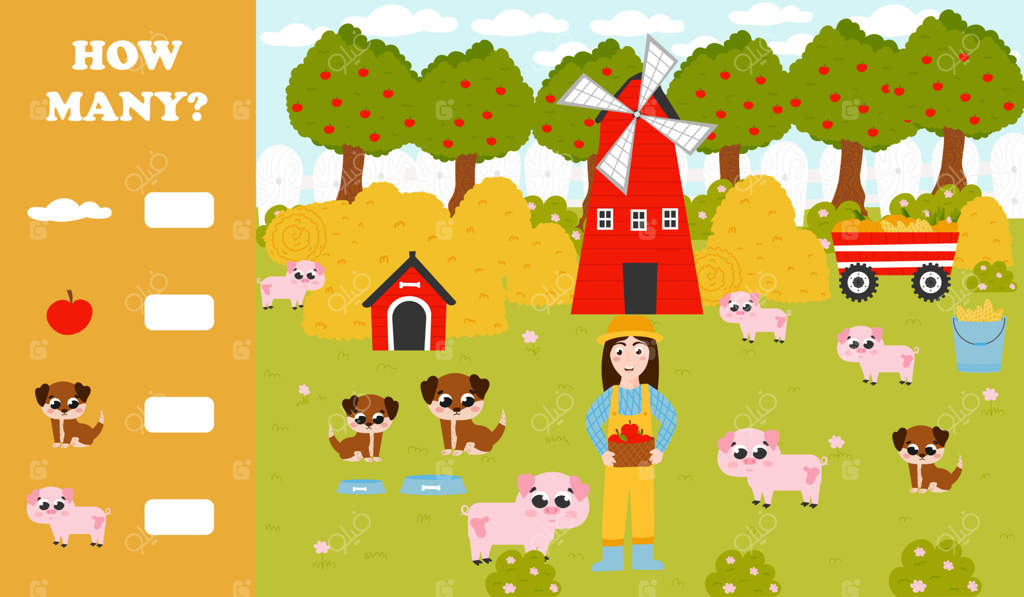 بازی شمارش برای کودکان با حیوانات مزرعه - خوک‌ها، دختری که سیب‌ها را در باغ سیب جمع‌آوری می‌کند، سگ‌ها و خانه سگ