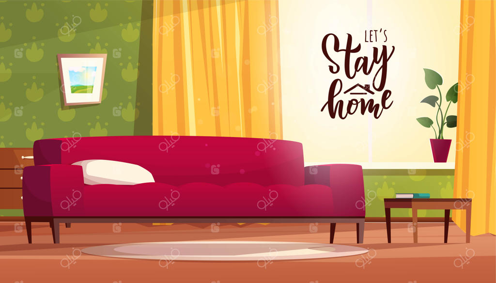 متن نگارش دستی "در خانه بمانید" برای قرنطینه. دکوراسیون اتاق نشیمن دنج به سبک کارتونی. مبل قرمز، کشوی بایگانی، پنجره‌ای با نور درخشان و پرده‌های زرد.