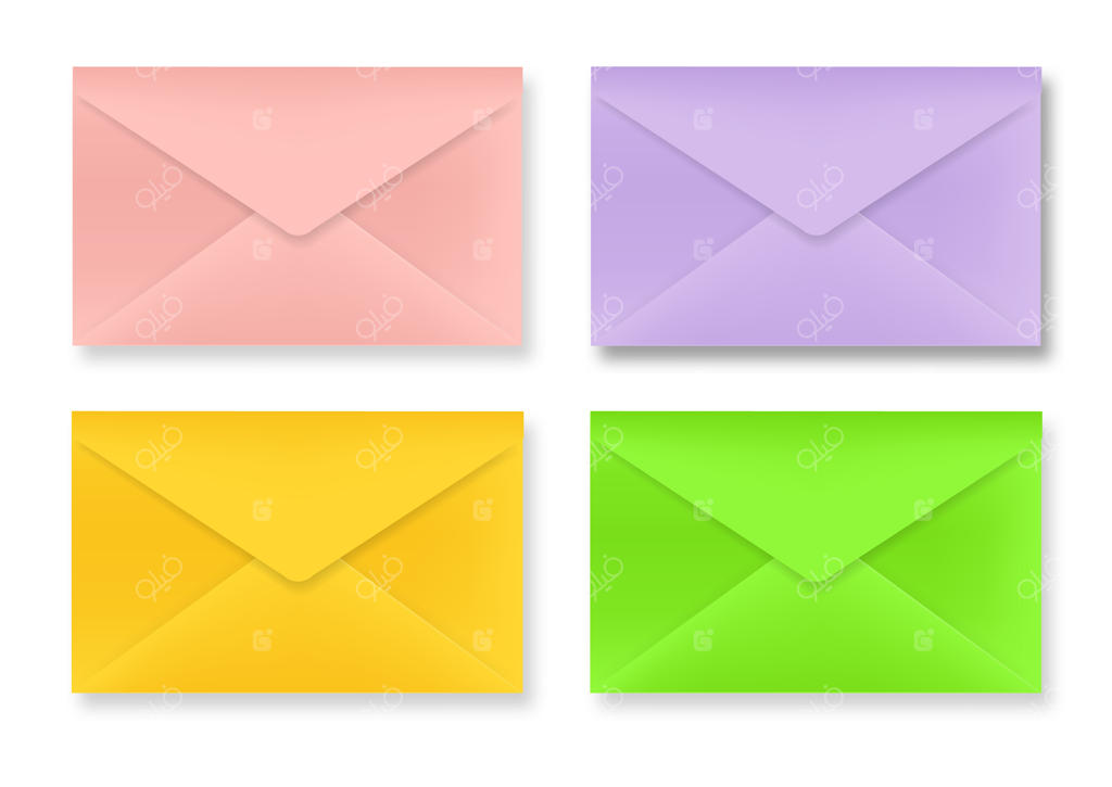 مجموعه مدل‌ واقعی پاکت‌های رنگی و کاغذی در پس‌زمینه سفید