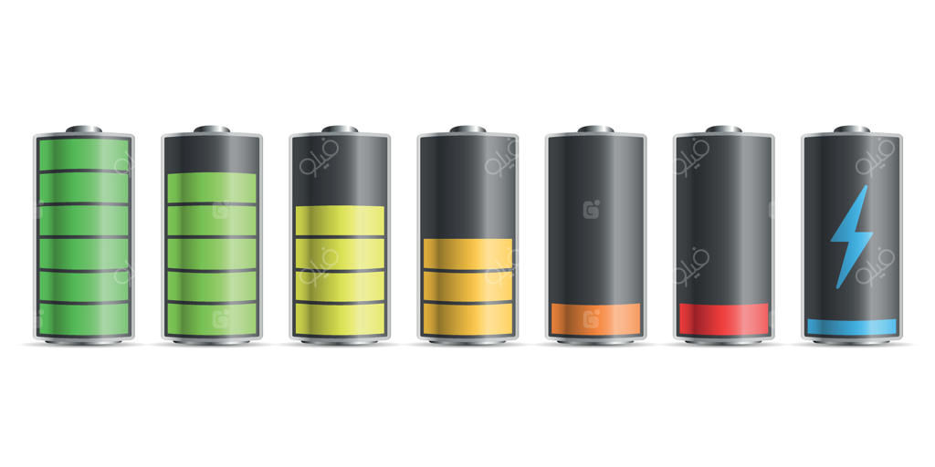 آیکون واقع‌گرایانه باتری‌ قلیایی در سبک تخت. تصویر وکتور باتری‌ها با اندازه‌های مختلف روی پس‌زمینه‌ای مجزا. مفهوم کسب‌وکار با علامت شارژ باتری.