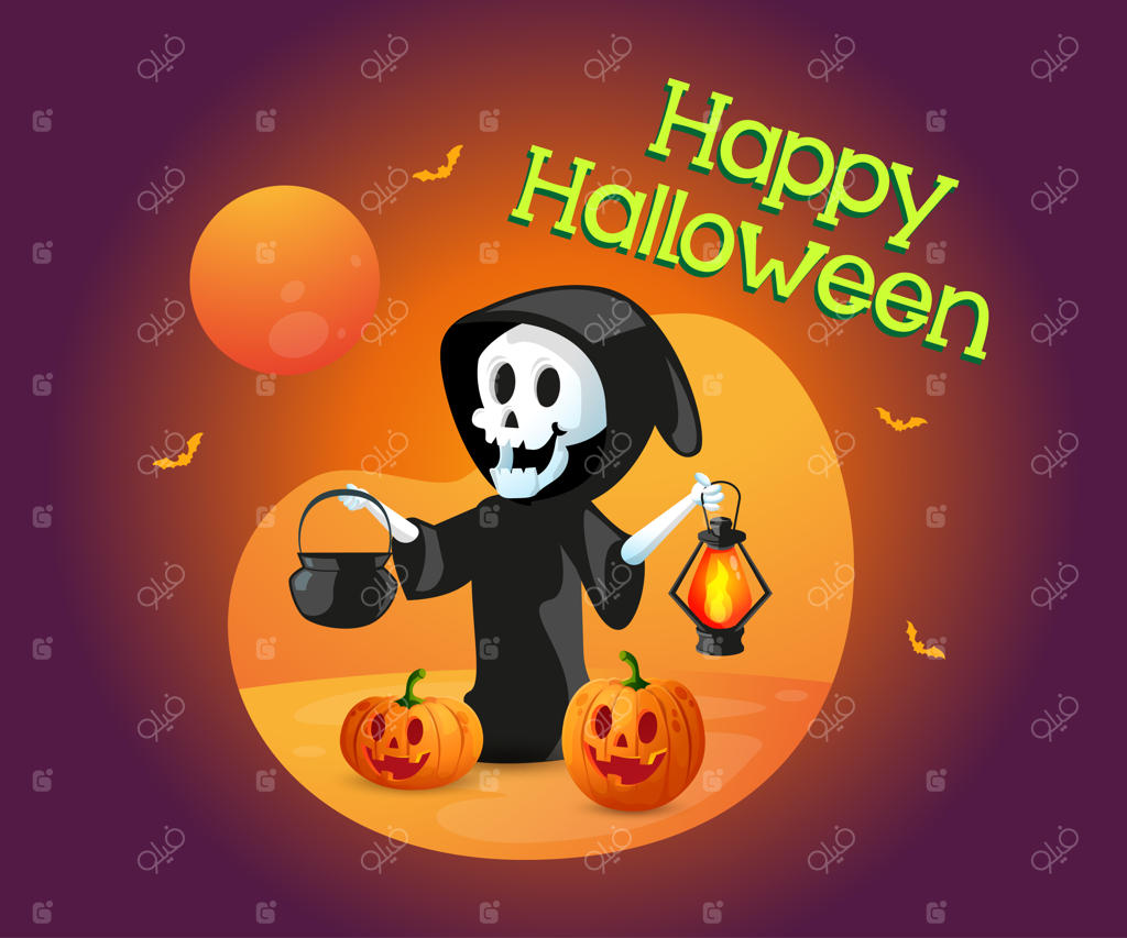 هالووین شاد با کدوحلوایی و جمجمه در شب