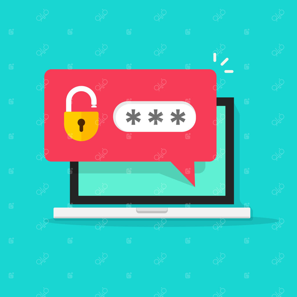 وکتور کارتونی و فلت لپ‌تاپ با اعلان رمز عبور