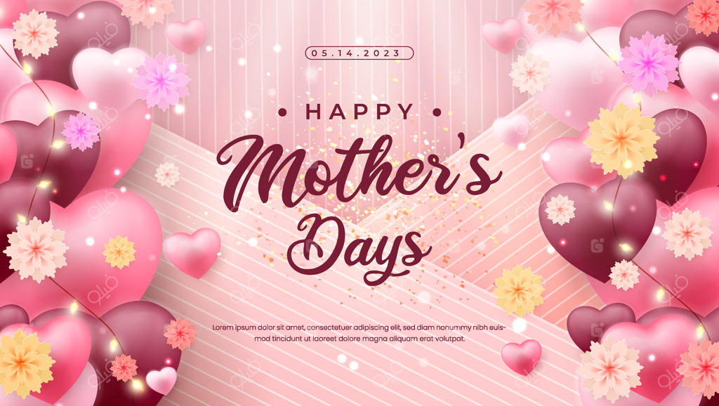 طراحی کارت شیک برای روز مادر با قلب‌ها و گل‌ها بر روی زمینه صورتی