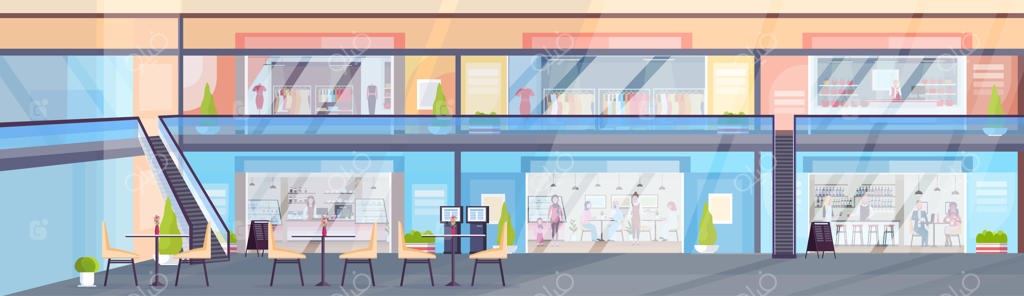 مرکز خرید مدرن با بوتیک‌های لباس و کافی‌شاپ‌ها - بازدیدکنندگان در حال استراحت در کافه، بنر افقی فضای داخلی سوپرمارکت