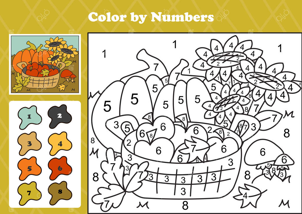 صحنه پاییزی دلپذیر باغ با گل آفتابگردان، کدو تنبل، سیب و قارچ به عنوان یک فعالیت رنگ‌آمیزی شماره‌دار