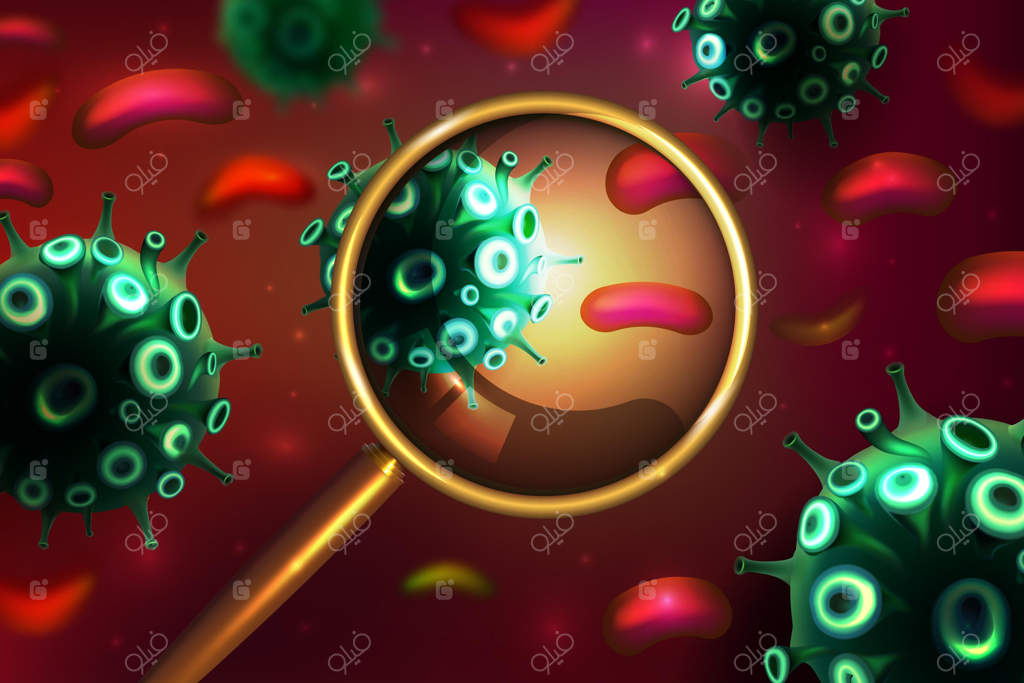 زمینه‌ای از سلول ویروس کرونا با نمای نزدیک از طریق ذره‌بین